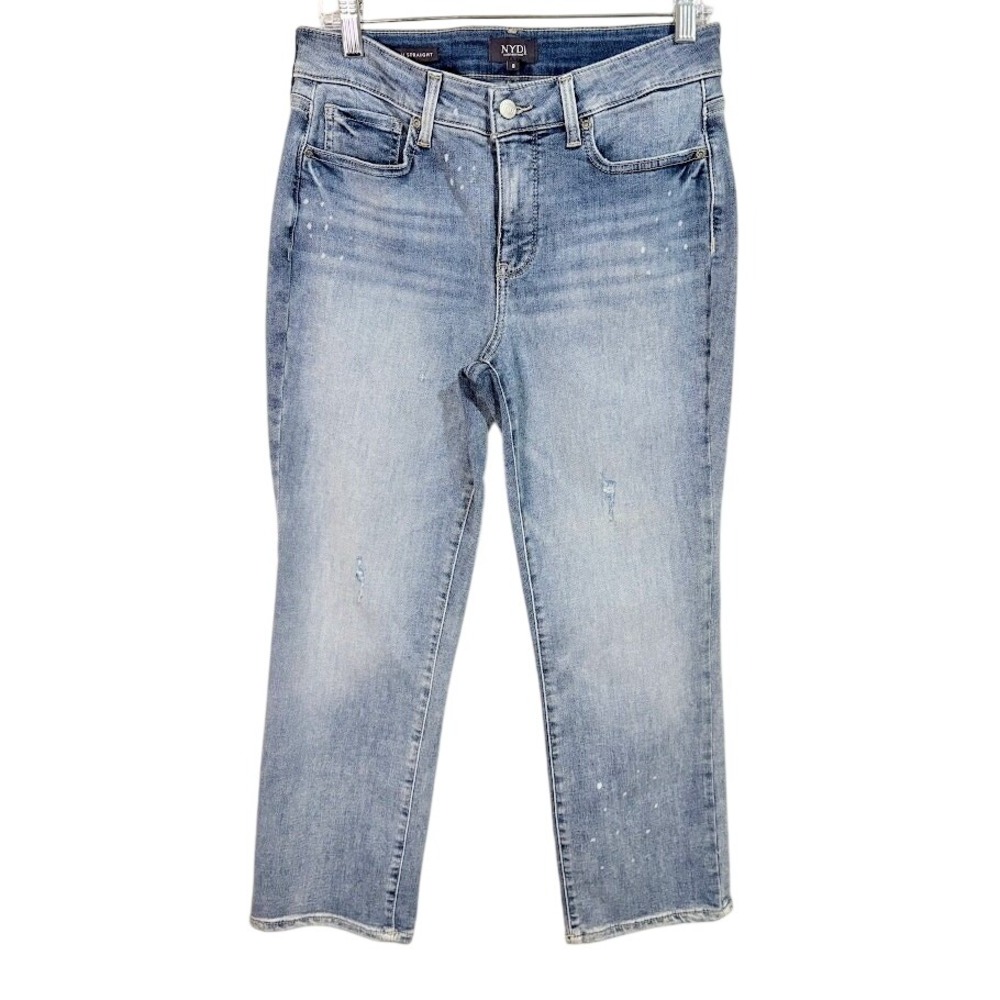 NYDJ Marilyn Straight Jeans‎ Womens 8 Blue Excellent Paint Splatter Distressed